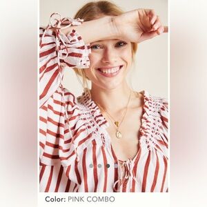 Kinga Csilla Anthropologie Penelope Striped Linen Blend Peasant Top Blouse $220